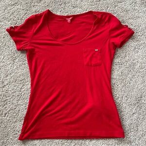 GUESS - Women’s (S) Red Criss Cross Sleeve Top, Shirt with Mini Front Pocket